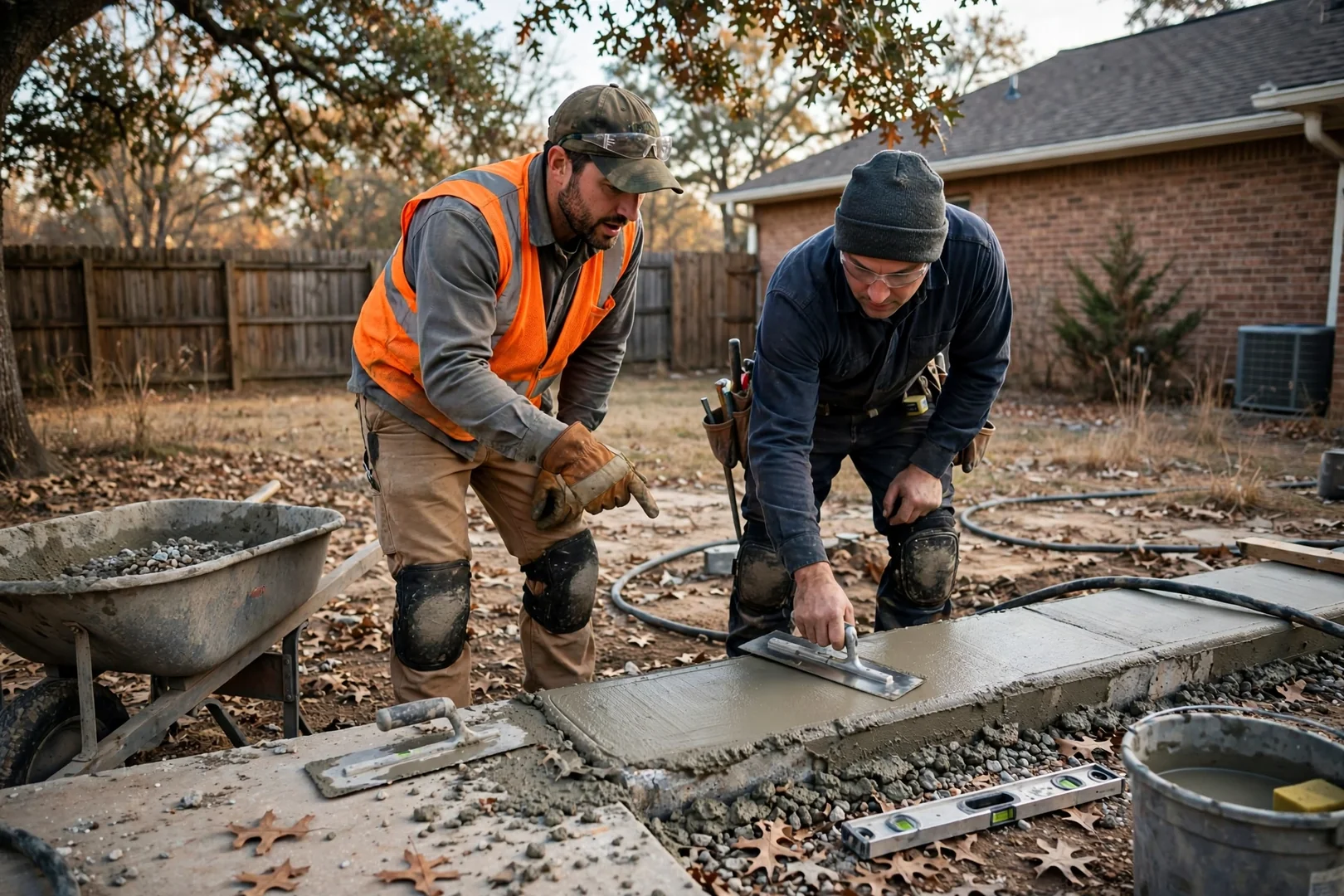 Crew power troweling a freshly poured commercial concrete slab at a Corinth retail property