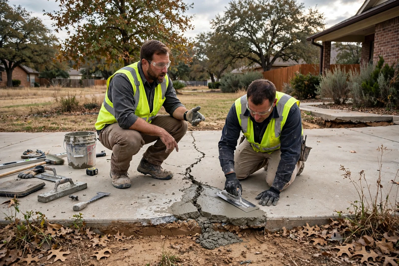 Crew screeding and floating a freshly poured commercial concrete slab on a Corinth business property