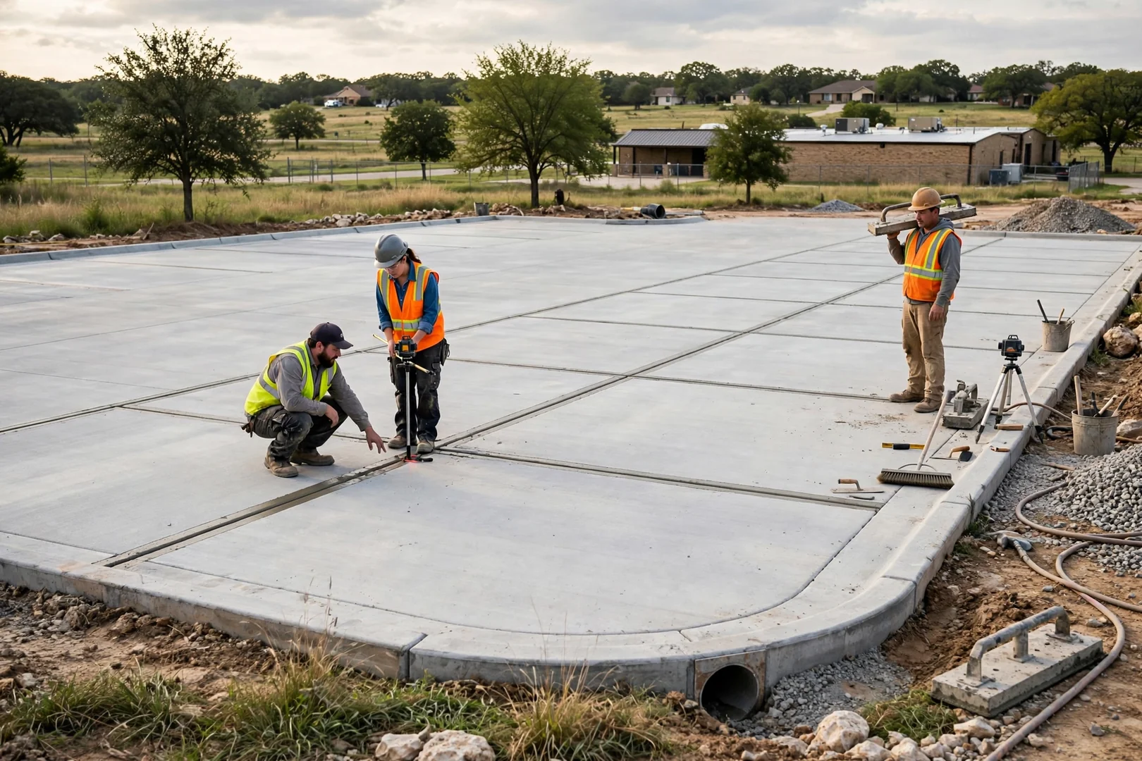 Wide shot of a newly poured commercial parking lot slab with fresh control joints