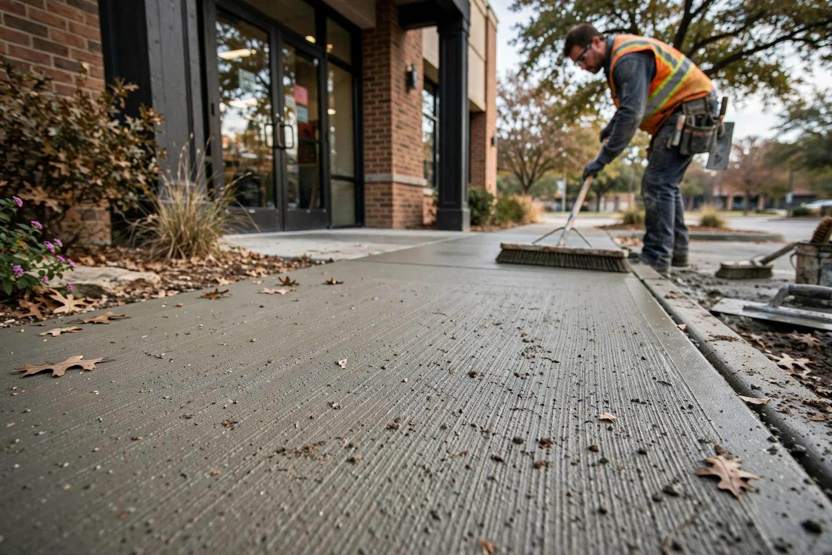 Close-up of broom finish texture on a commercial sidewalk approach near a storefront