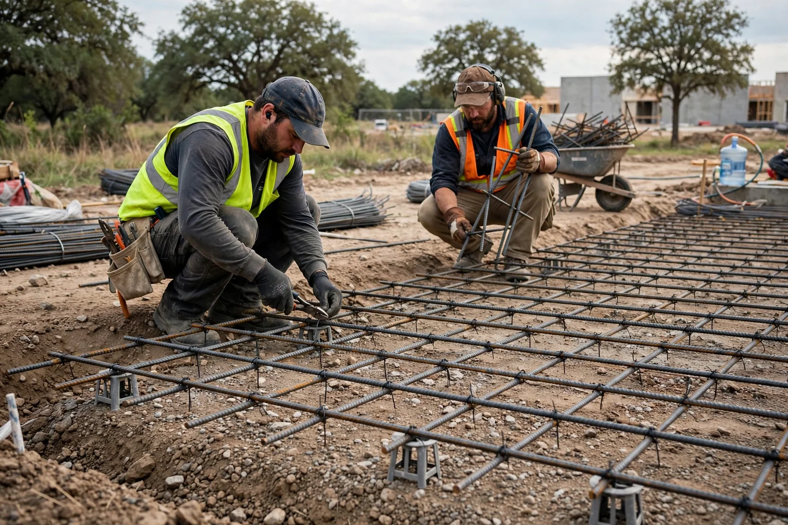 Rebar grid tied and chaired over compacted subgrade before a commercial slab pour