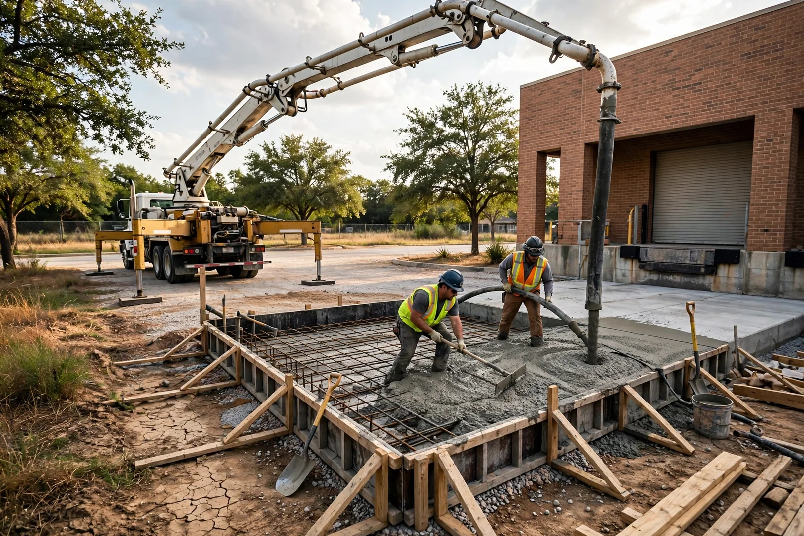 Concrete pump truck placing mix for a loading dock pad on a business property