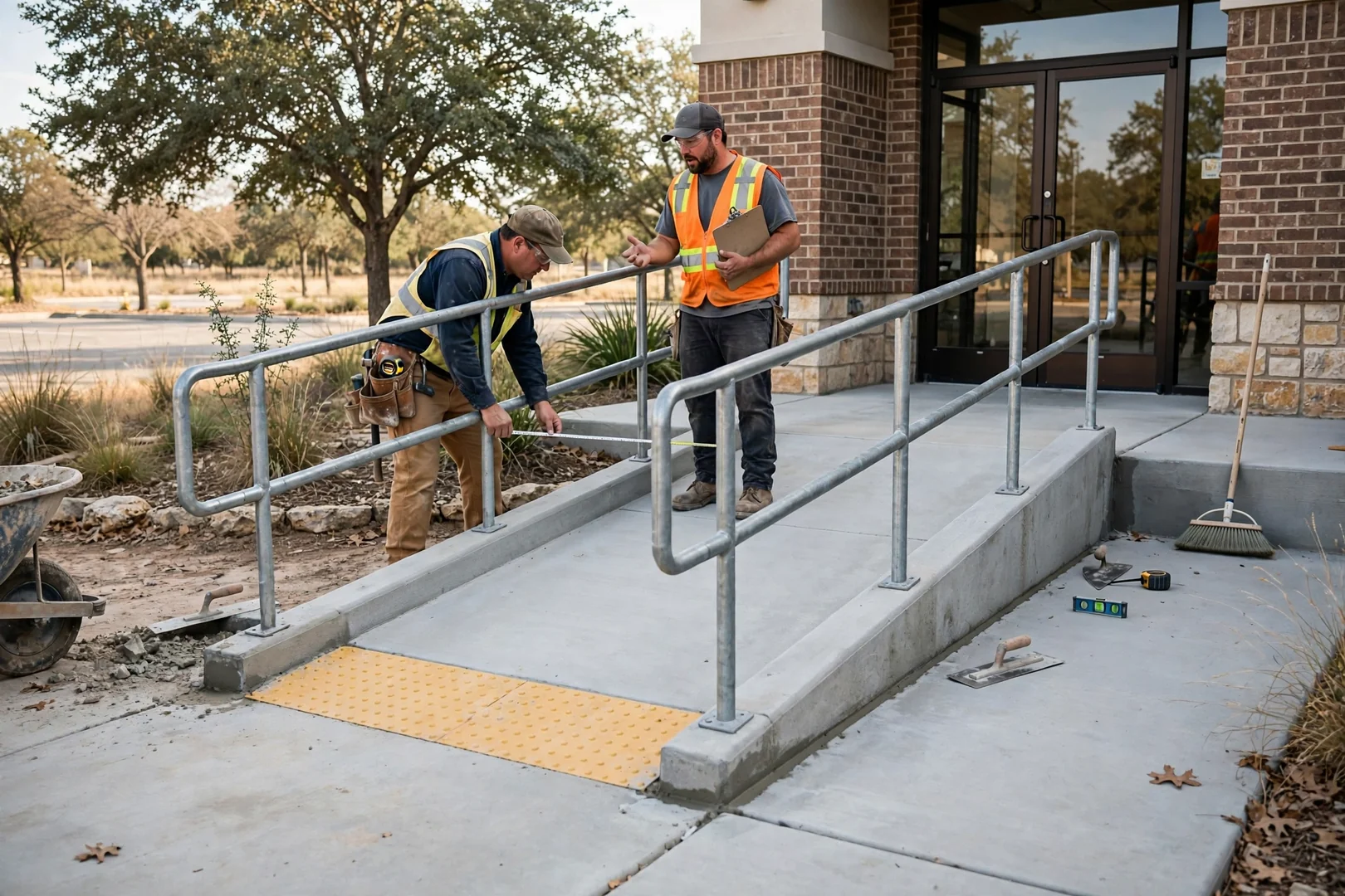 Finished ADA-compliant concrete ramp and landing at a Corinth commercial entrance