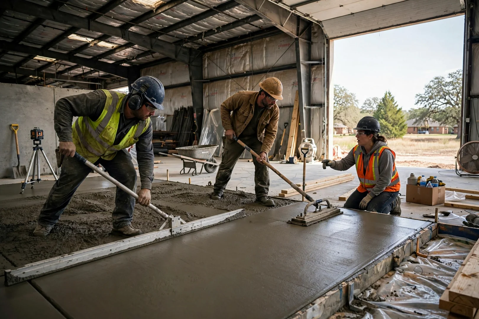 Crew screeding and bull floating a large interior warehouse concrete floor slab