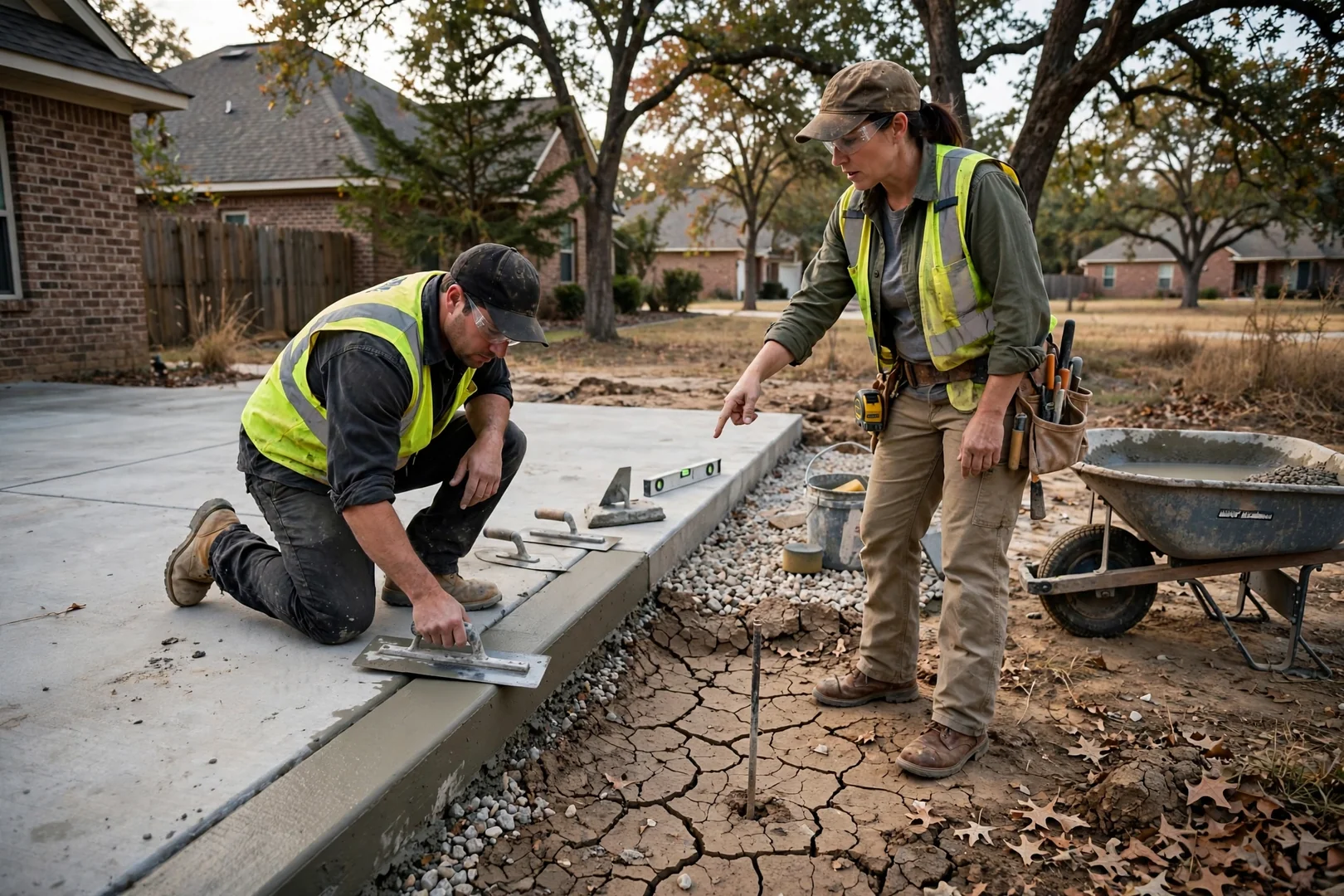 Contractor reviewing a written concrete estimate with homeowners on a Corinth driveway