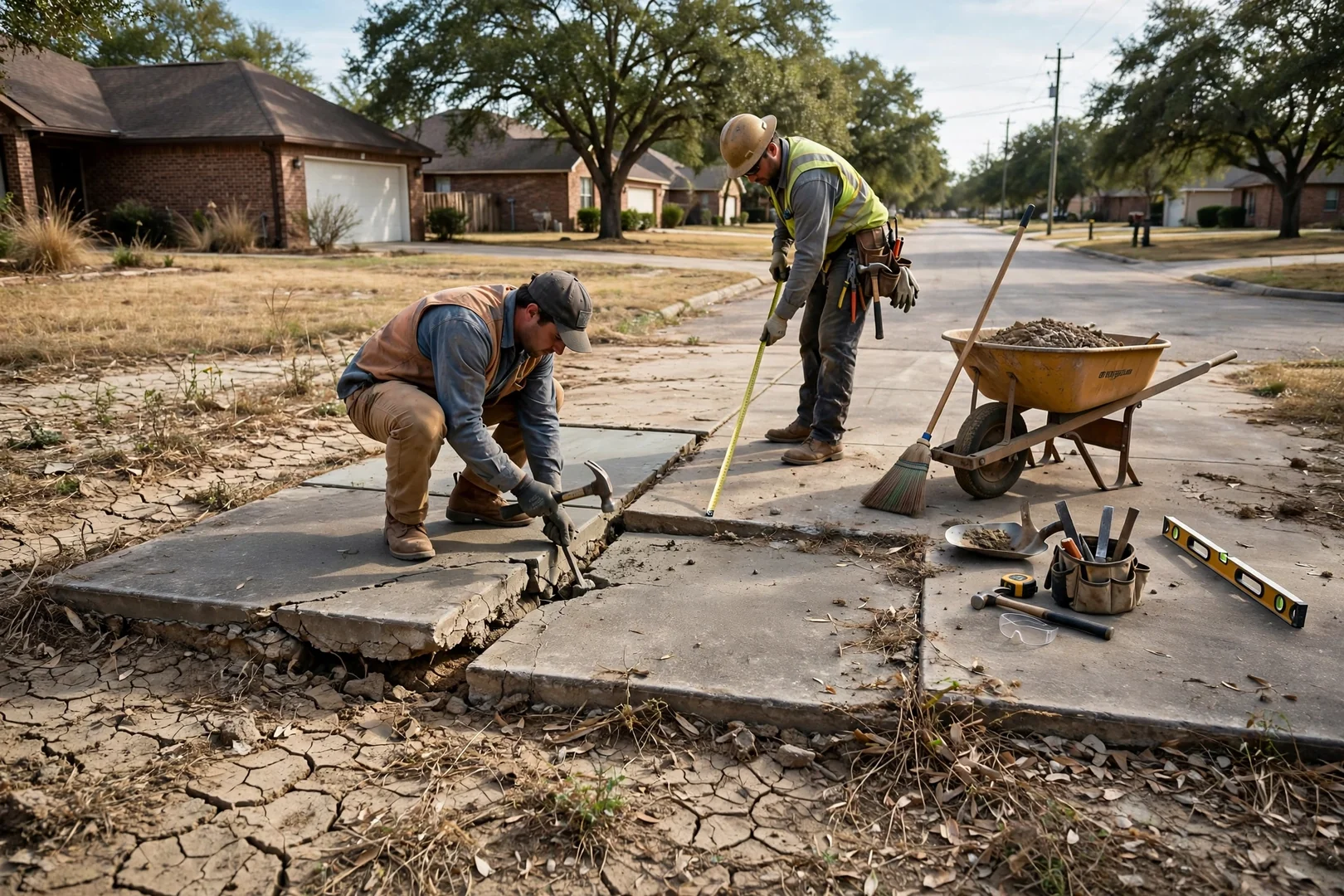 Settled driveway panels and uneven concrete slabs at a Corinth area home