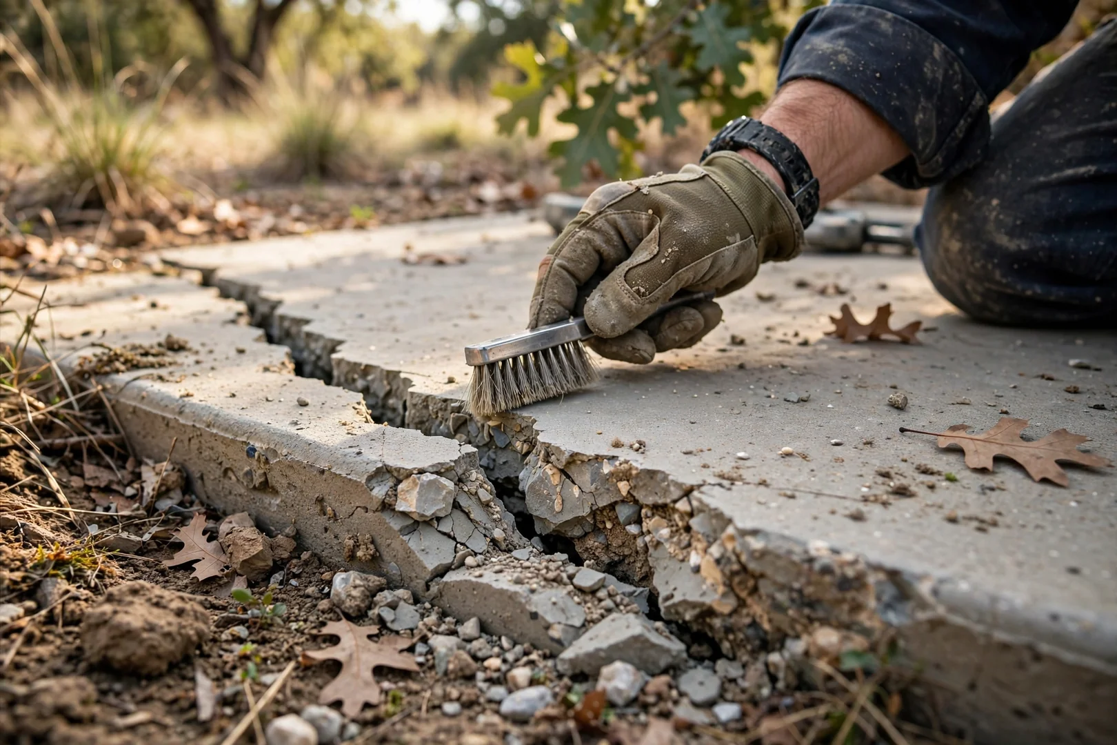 Close-up of stair-step cracking and spalling along a residential foundation slab