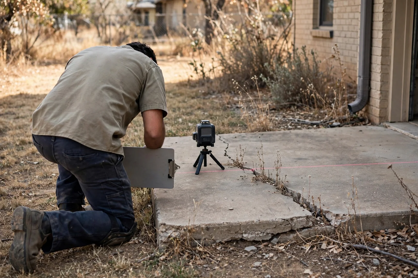 Technician taking elevation readings on a cracked backyard patio slab