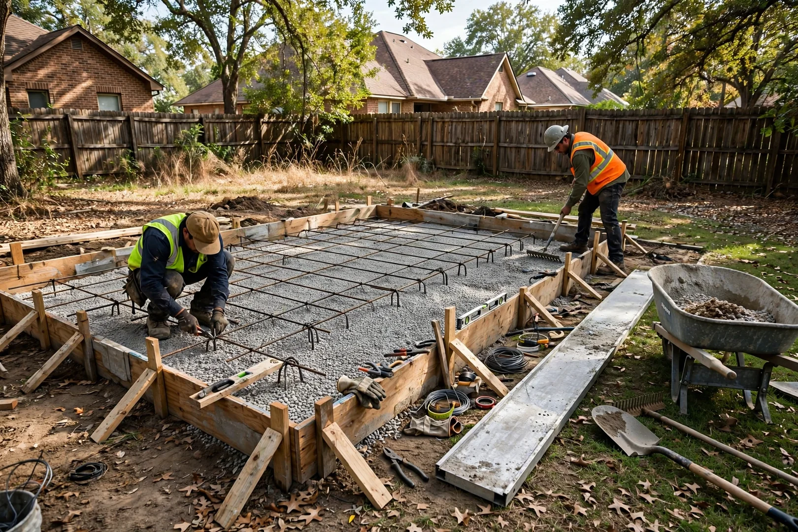 Formwork and rebar grid set over compacted subgrade before a residential pour