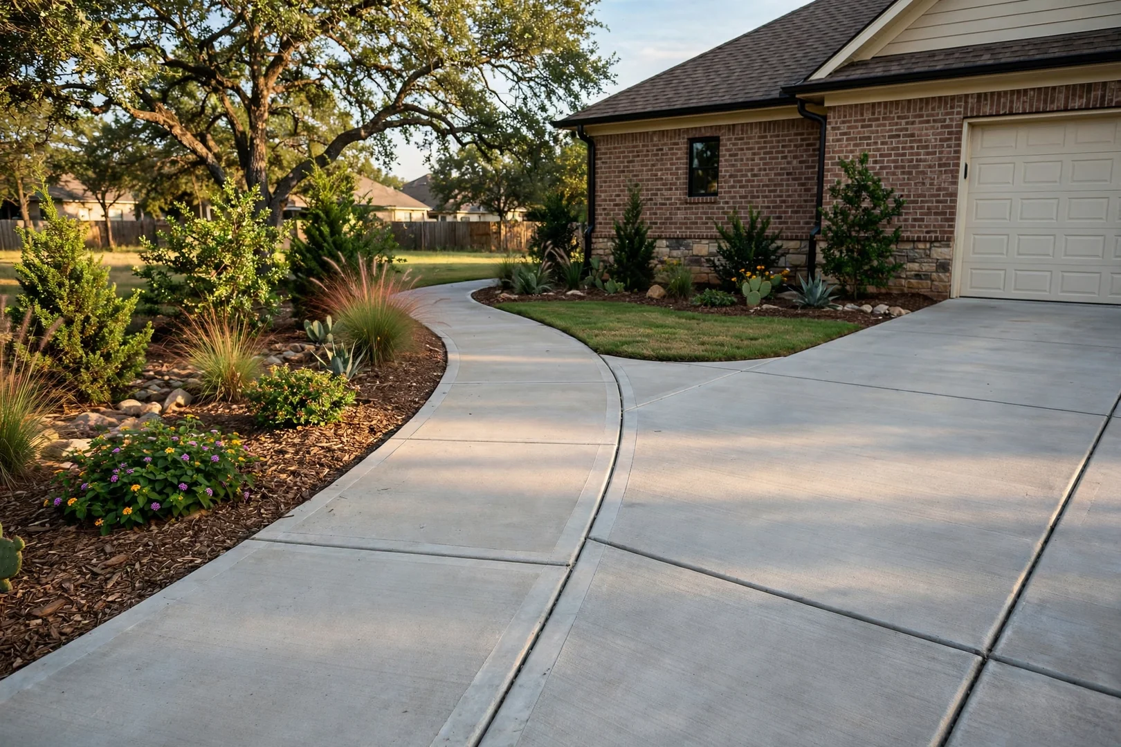Newly finished driveway and walkway with clean control joints at a suburban home