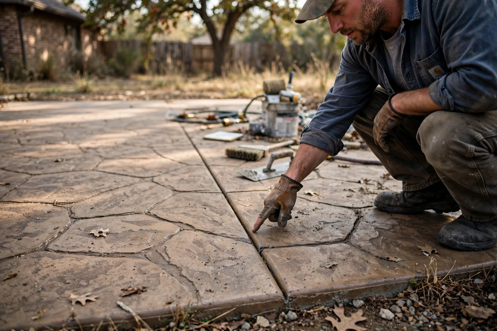 Close-up of stamped concrete patio showing stone pattern and tooled control joint