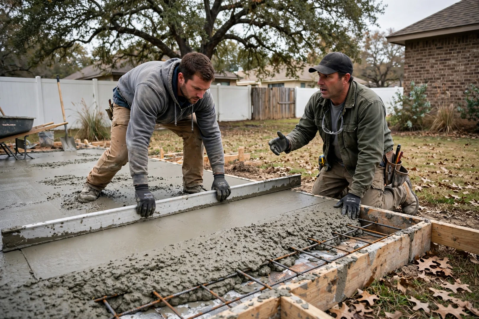 Crew screeding wet concrete across a rebar reinforced backyard patio slab