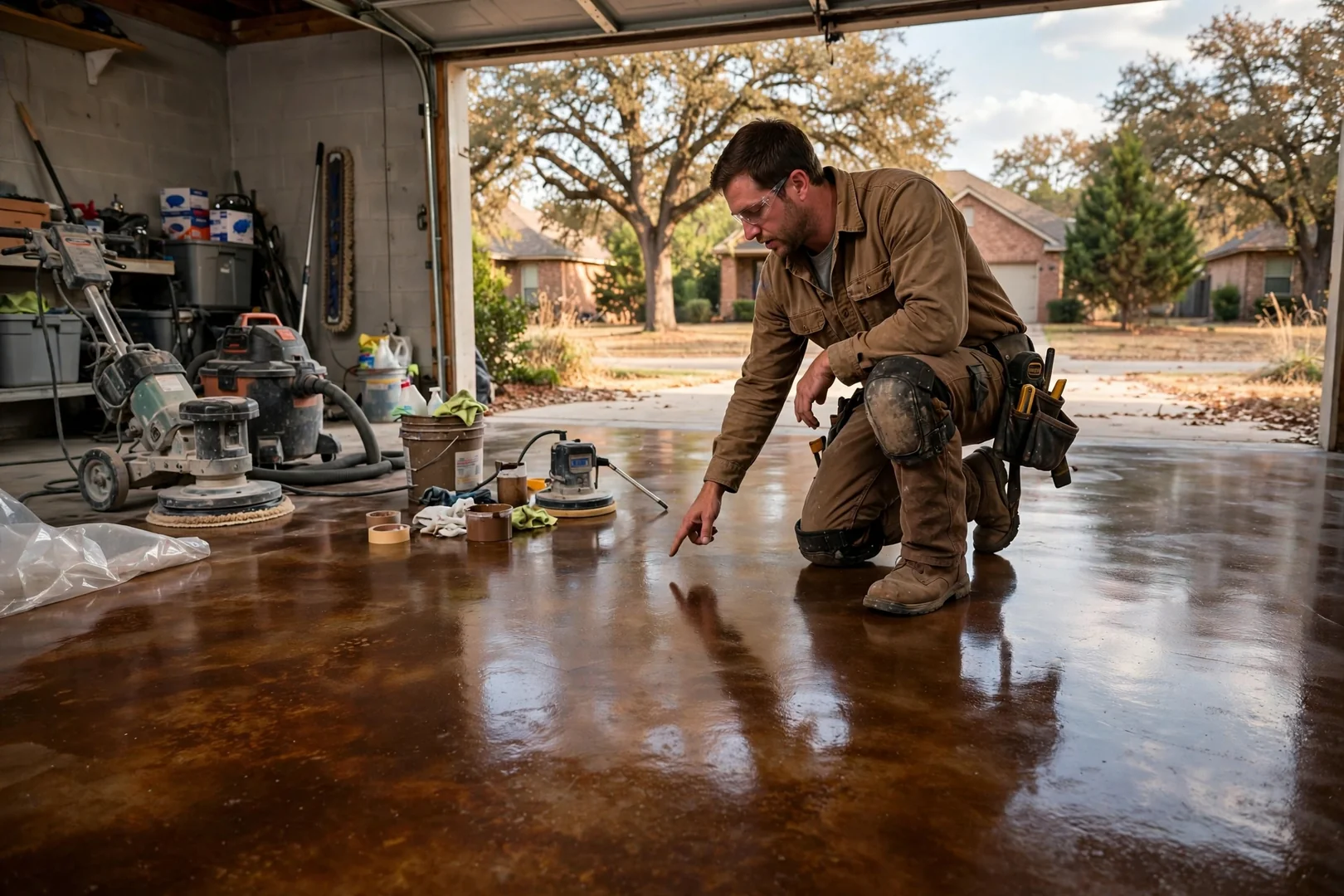 Stained concrete floor with rich brown tones and polished sheen inside a garage