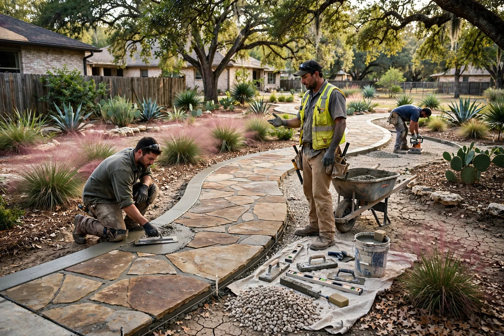 Wide view of flagstone walkway winding through a landscaped Texas backyard