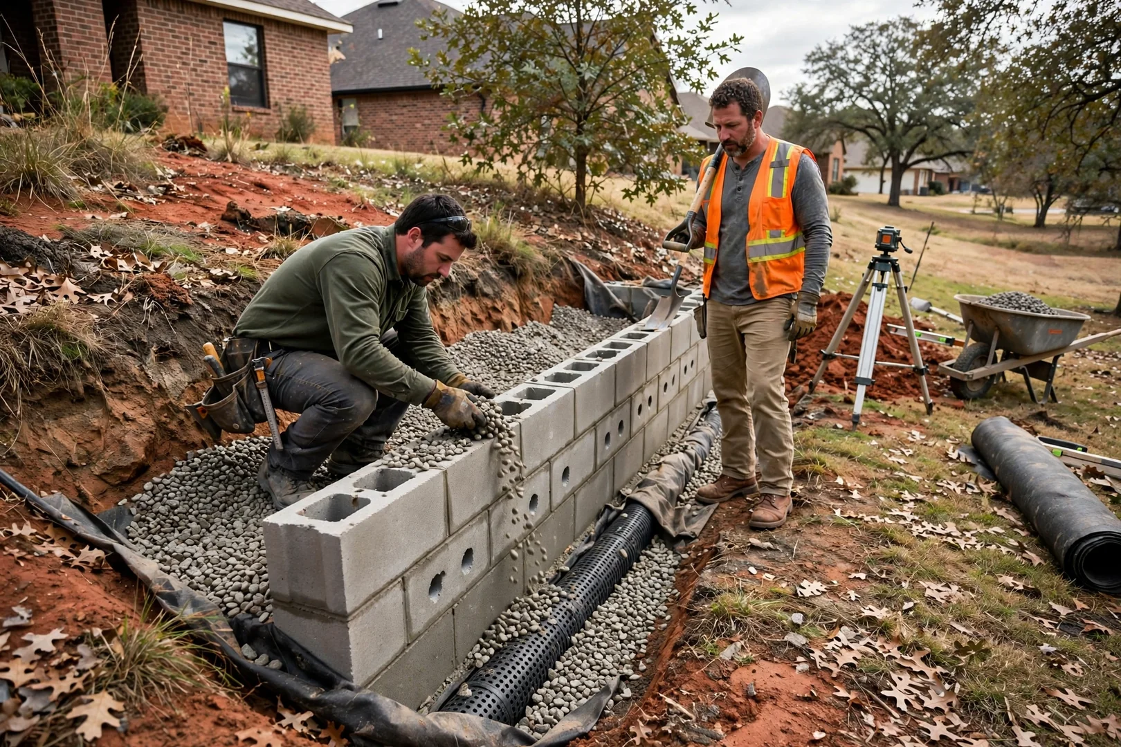 Block retaining wall with drainage gravel behind a sloped residential property line