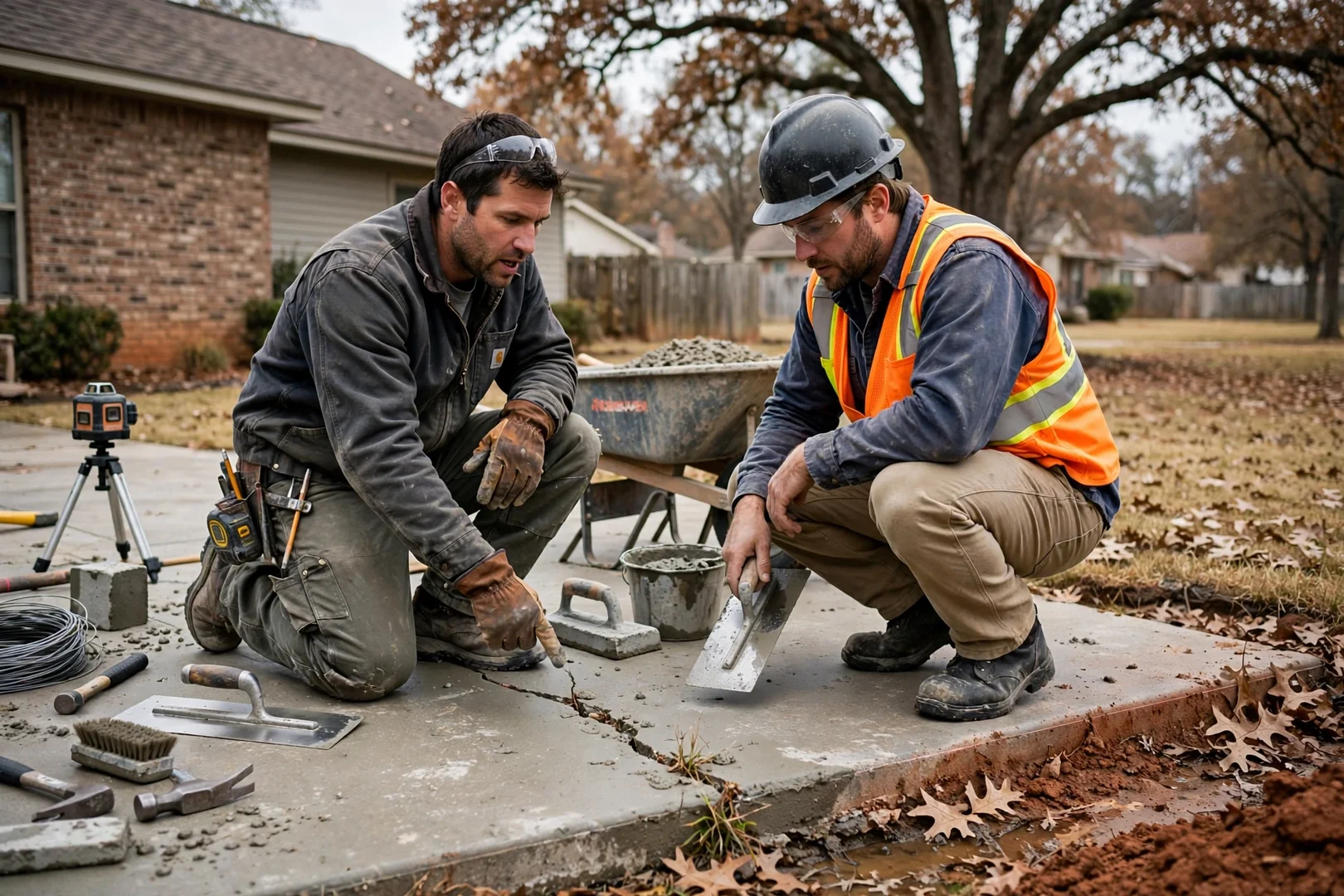 Concrete crew checking rebar placement and form alignment before a residential slab pour