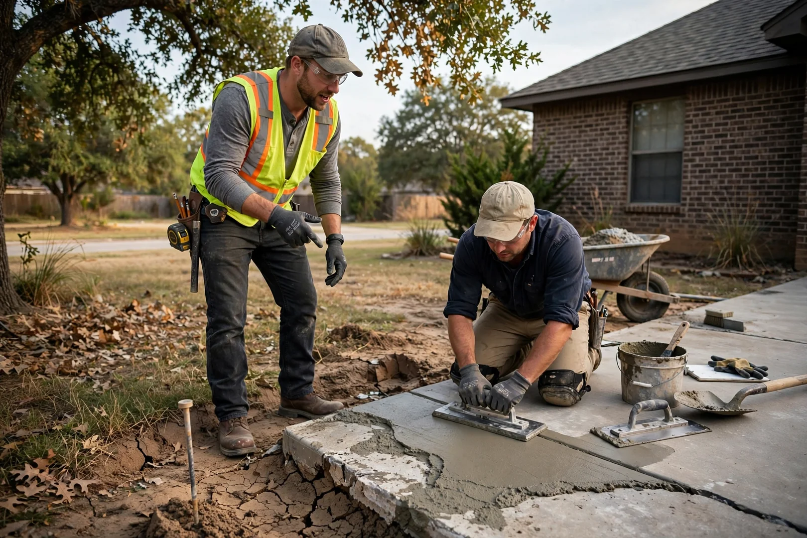 Concrete crew checking slab grade and form alignment on a Corinth residential job site