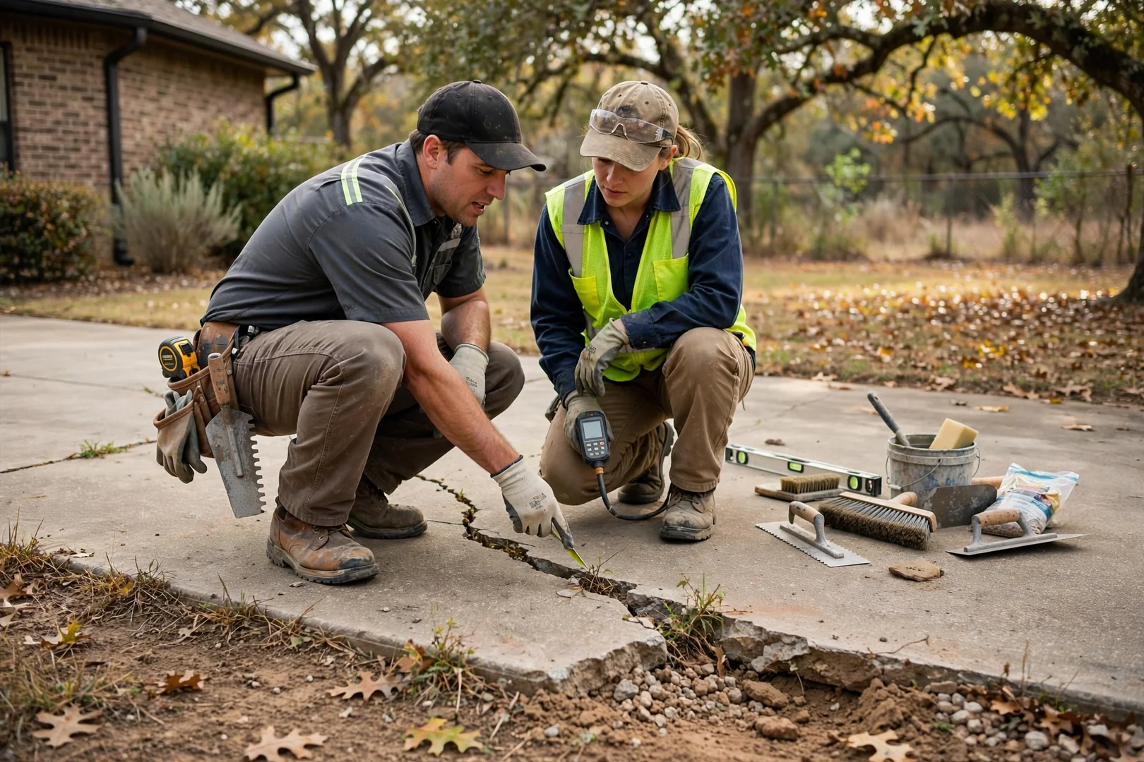 Crew finishing control joints across a new concrete driveway slab