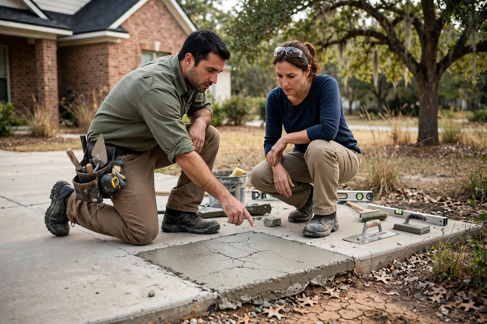 Contractor measuring driveway forms before a residential pour