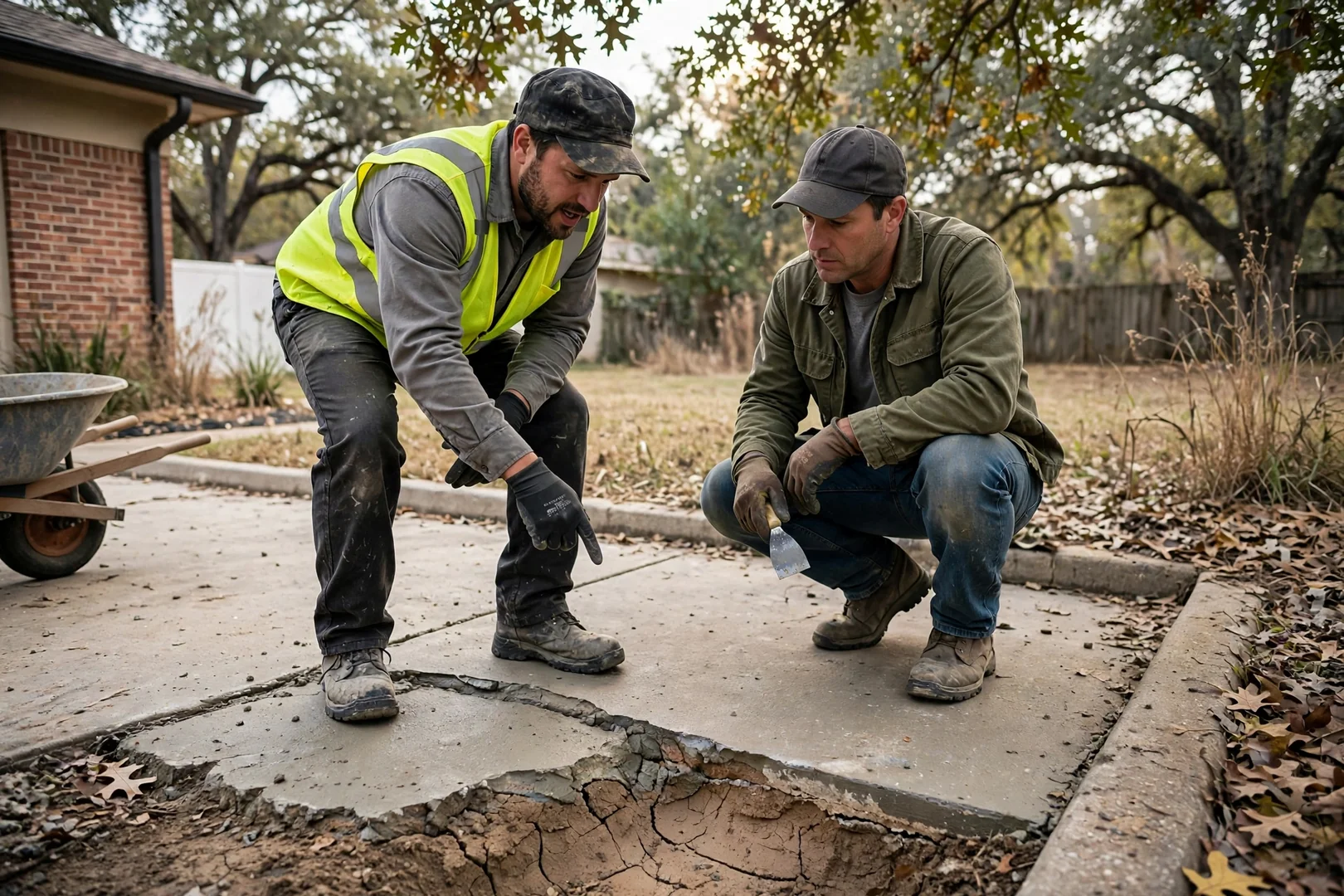 Crew screeding fresh concrete between formed edges during a residential driveway replacement in Corinth