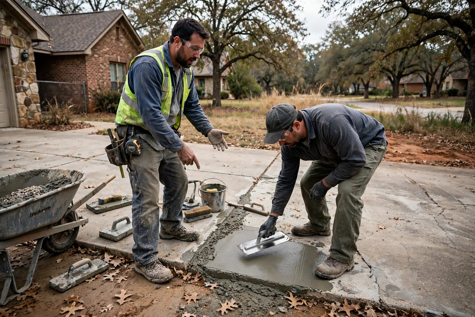 Technician injecting grout through a drilled port to raise a settled driveway slab