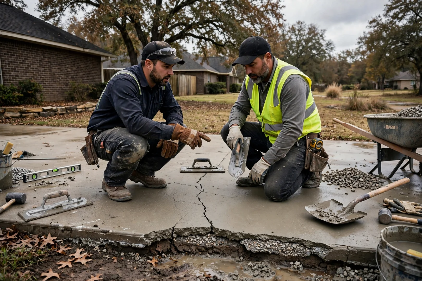Sunken sidewalk panel with a raised joint lip beside a Corinth home driveway