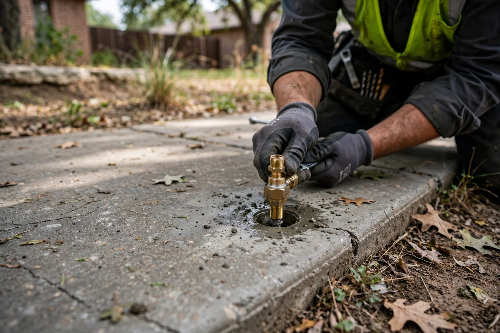 Close-up of injection port drilled through a residential concrete sidewalk slab