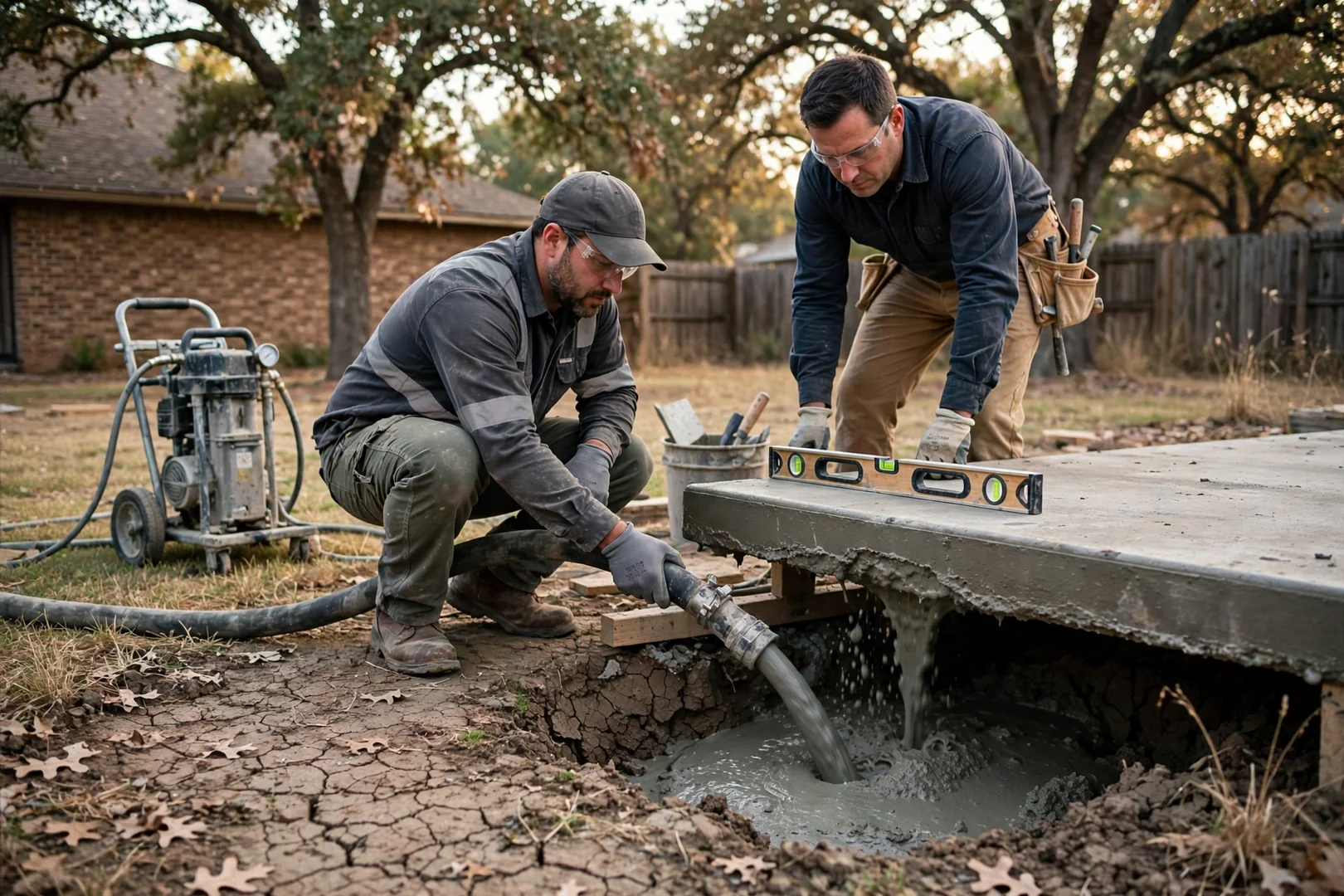 Pump hose feeding cement slurry beneath a backyard patio slab