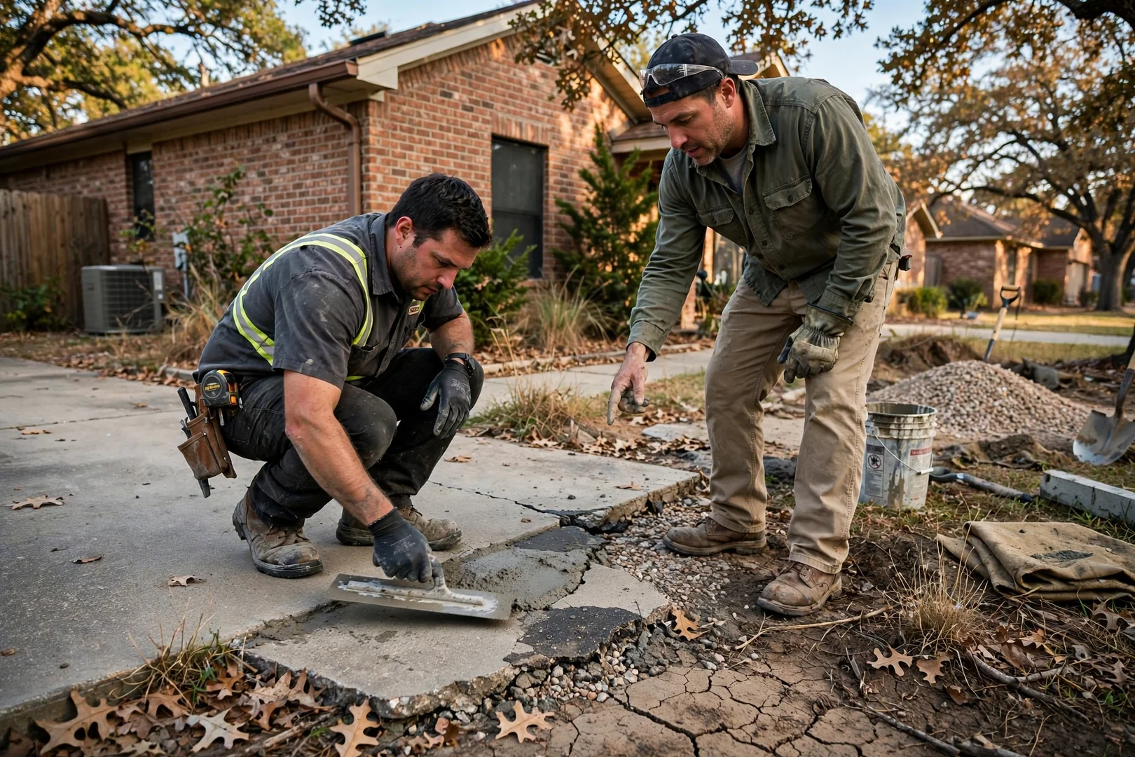 Contractor reviewing patio slab measurements and written estimate in a Corinth backyard