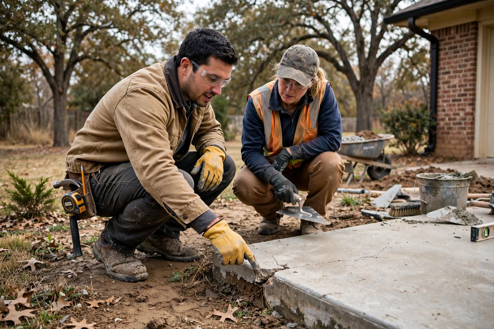 Crew setting forms for a backyard patio slab pour