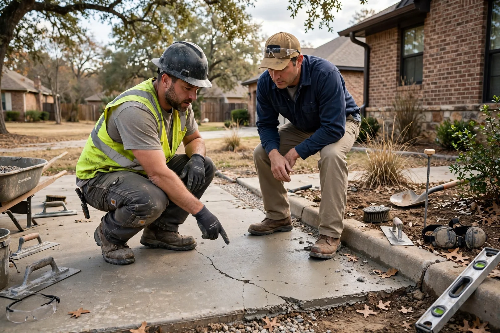 Crew screeding and floating a freshly poured backyard concrete patio slab on a Corinth property