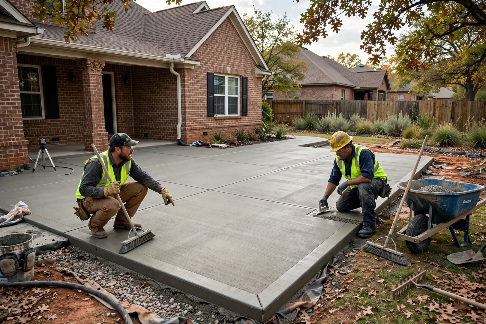 Wide view of a finished broom finish rear patio behind a Corinth brick home