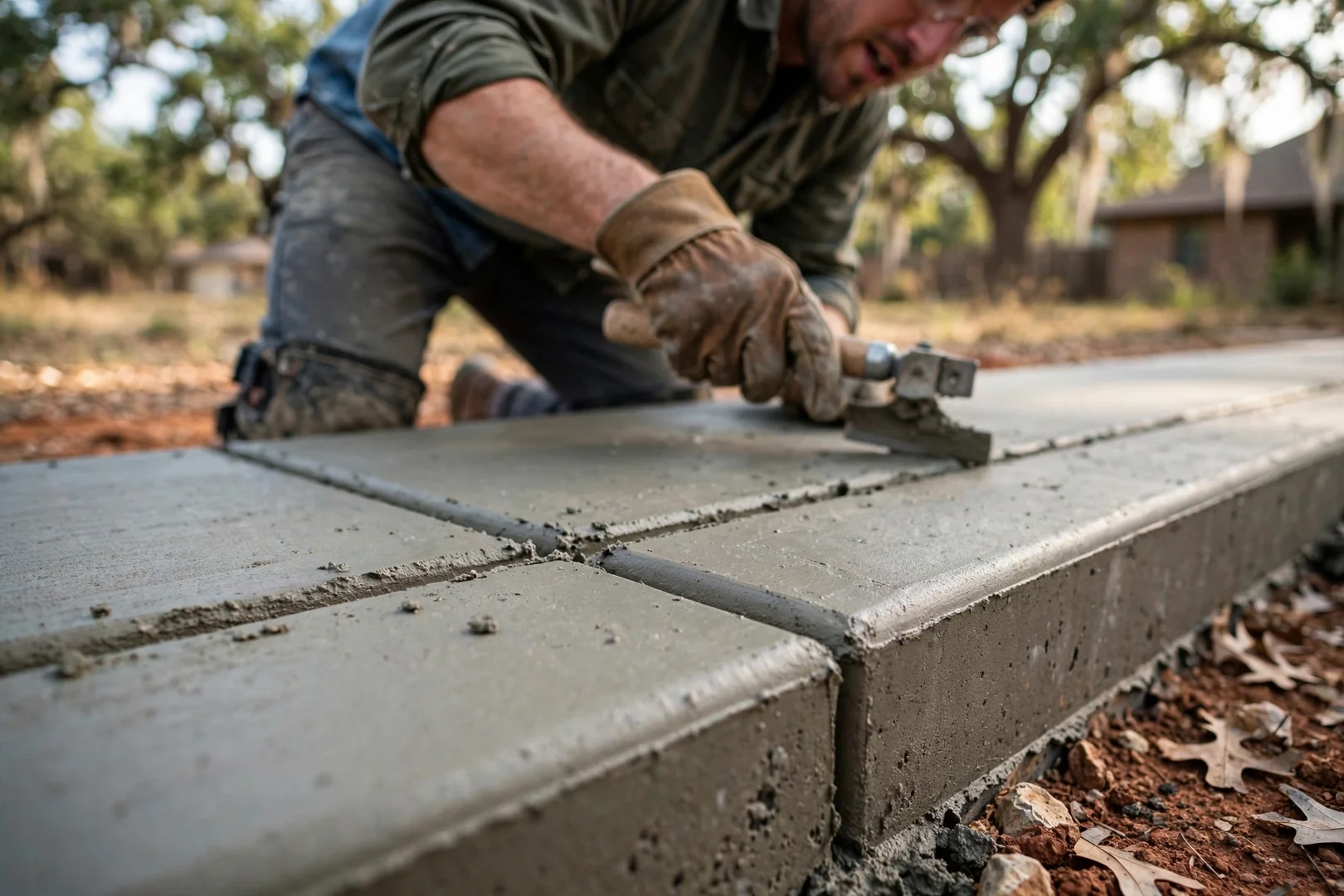 Close-up of freshly tooled control joint and crisp slab edge on a new patio