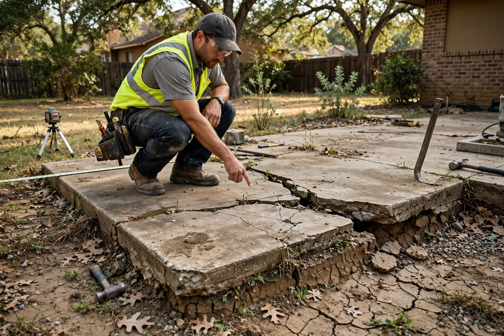Cracked and settled original patio slab documented before demolition and replacement