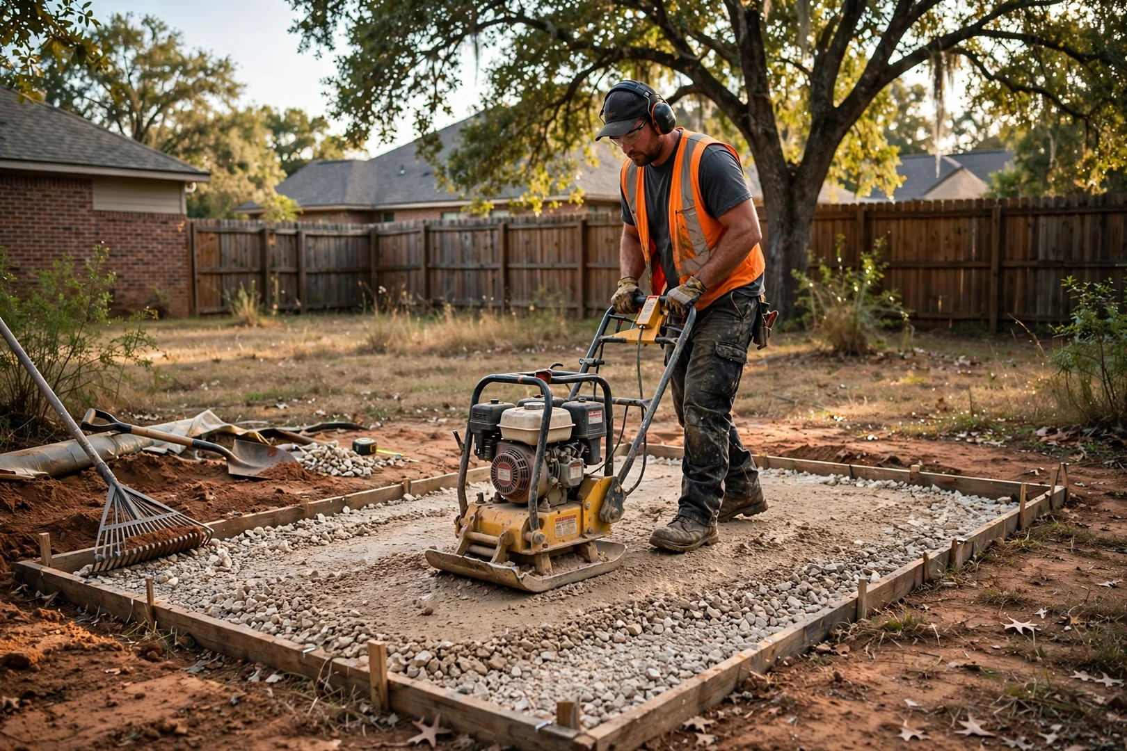 Plate compactor consolidating crushed base ahead of a backyard patio pour