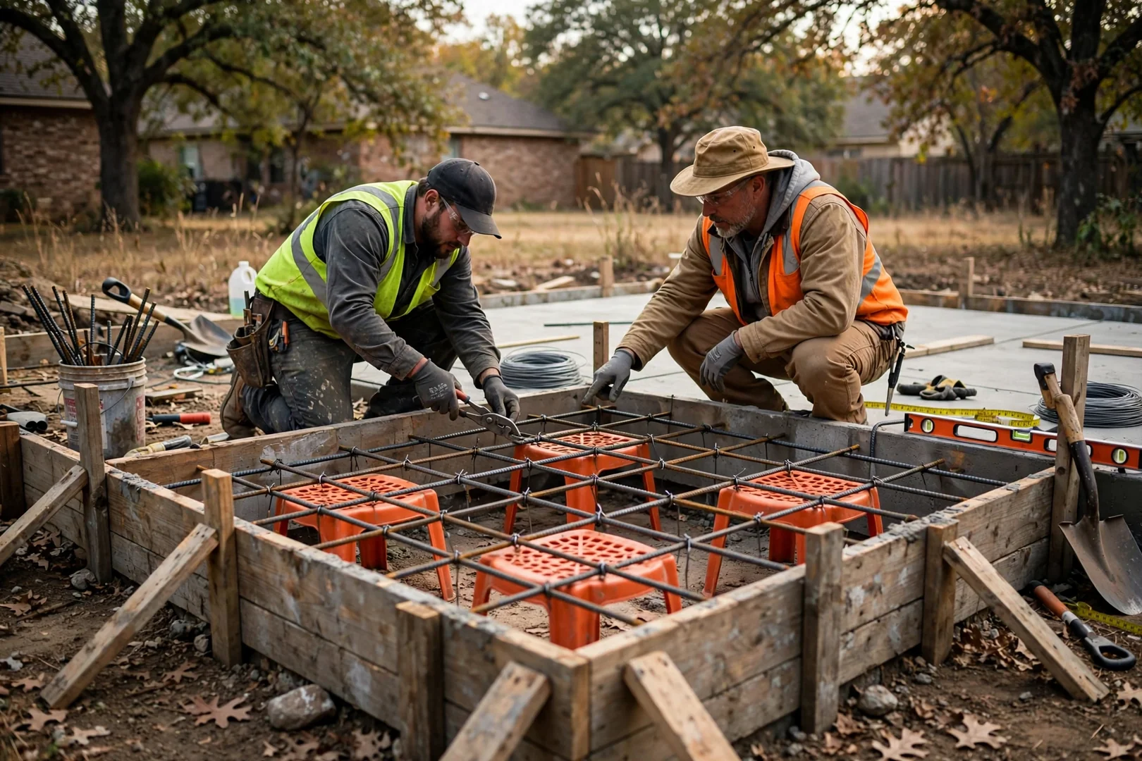 Rebar grid tied on chairs inside set forms for a thickened patio slab