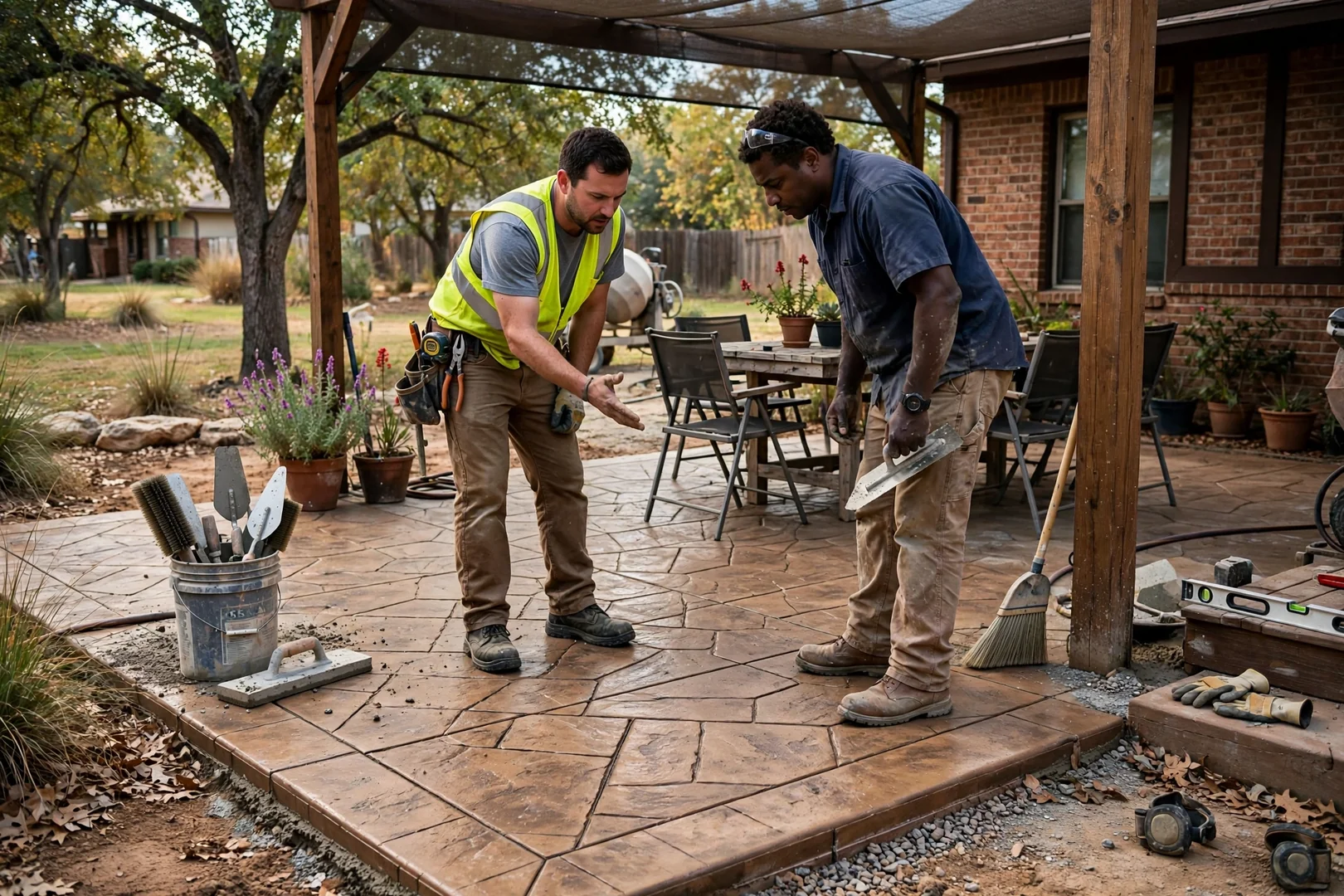 Stamped and colored concrete patio with shaded seating area on a residential lot