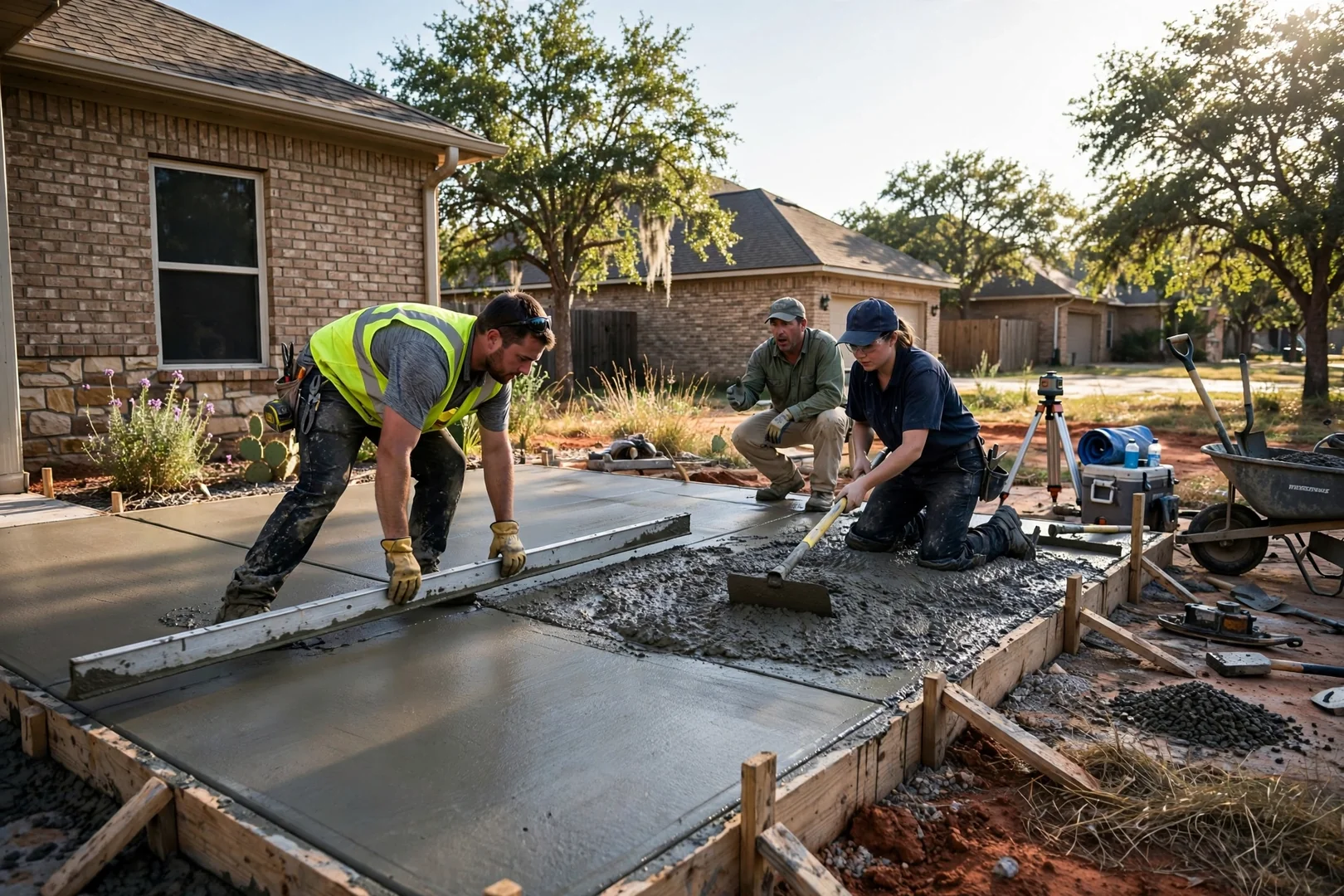 Crew screeding wet concrete across a wide patio extension on a sunny morning
