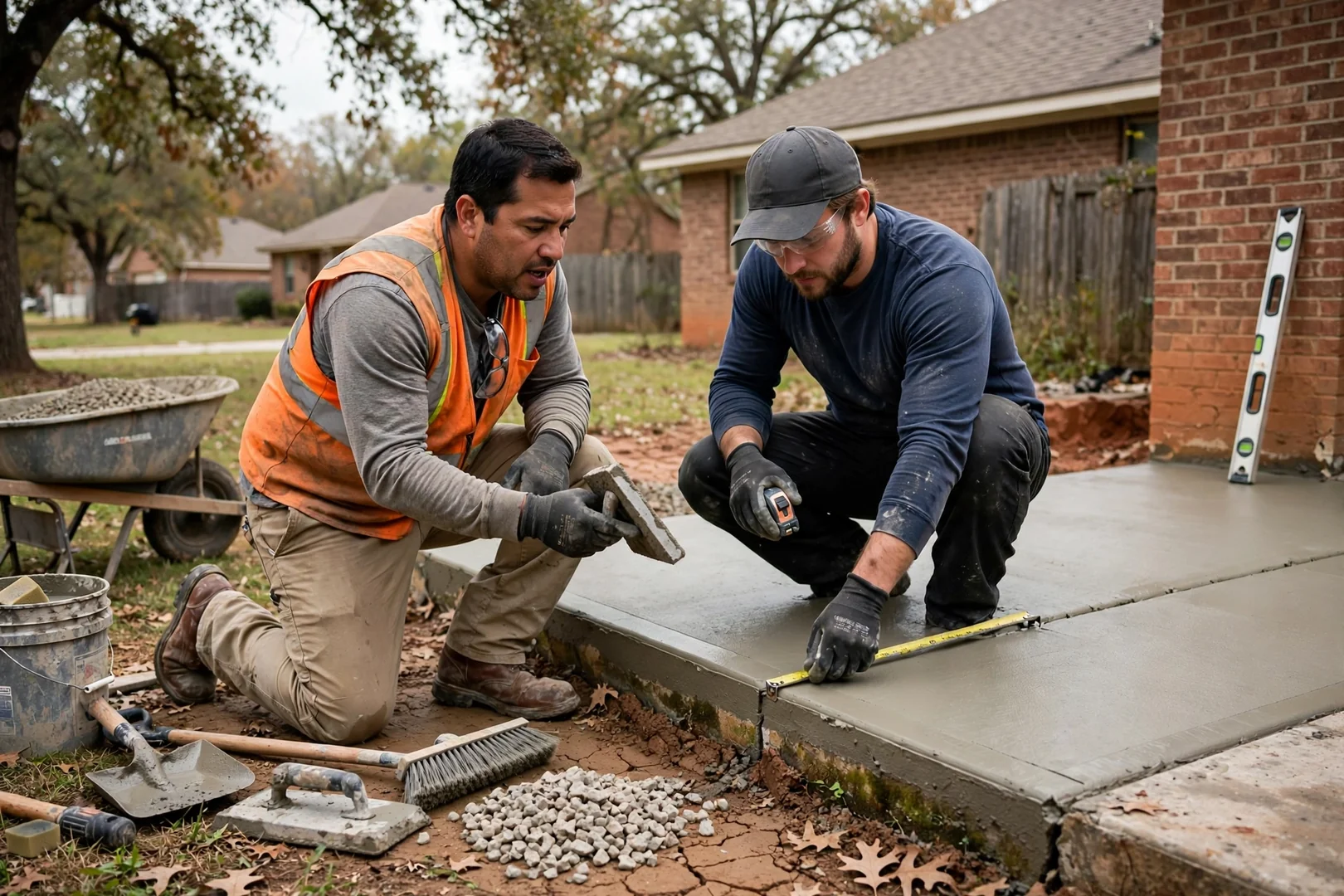 Contractor measuring a formed slab area before a concrete pour