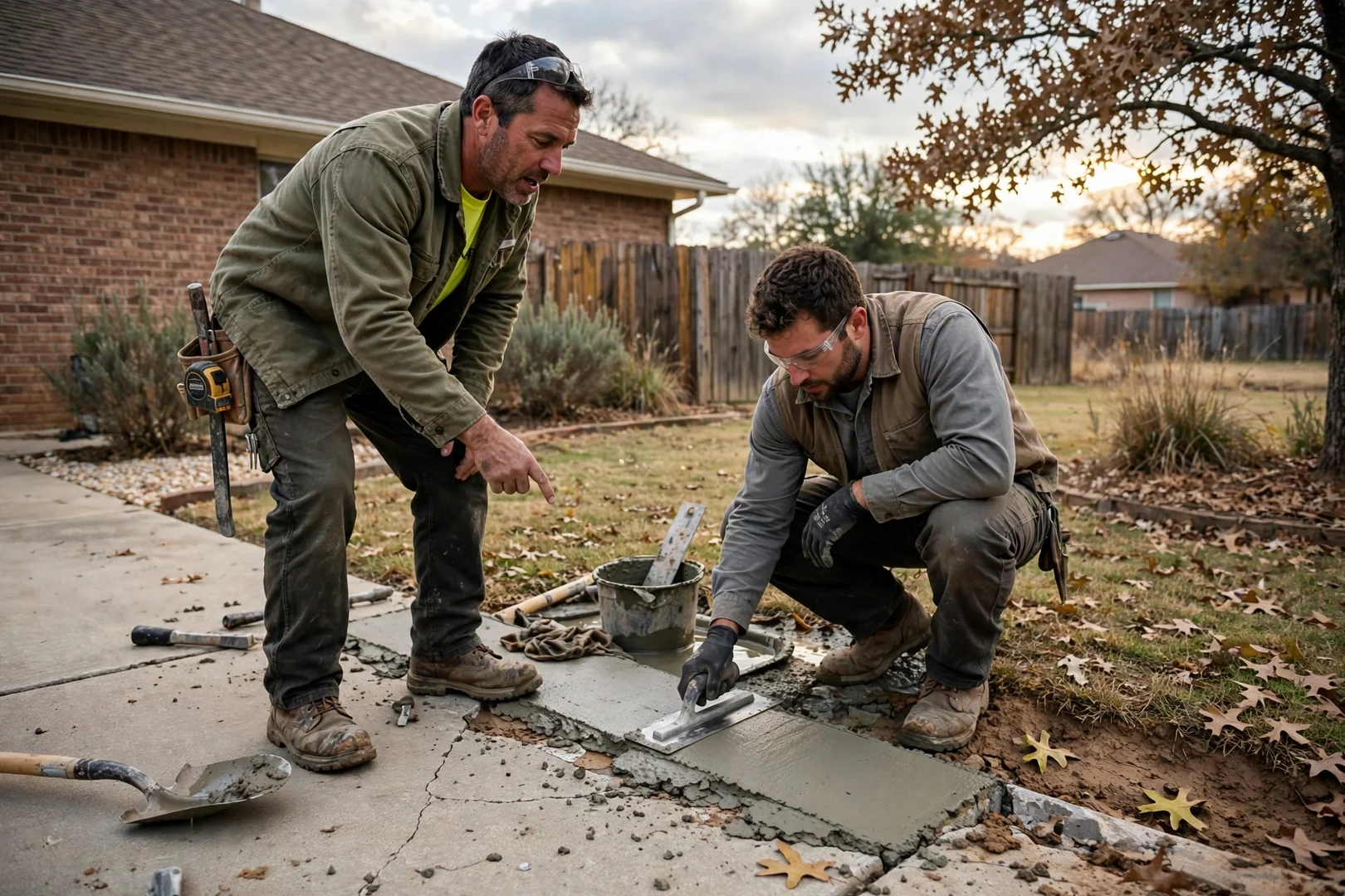 Concrete crew finishing a freshly poured residential slab in Corinth TX