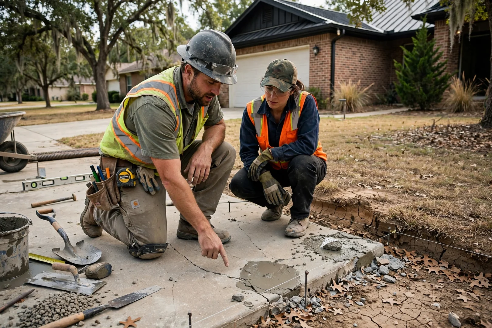 Concrete crew screeding a freshly poured reinforced slab on a Corinth residential site