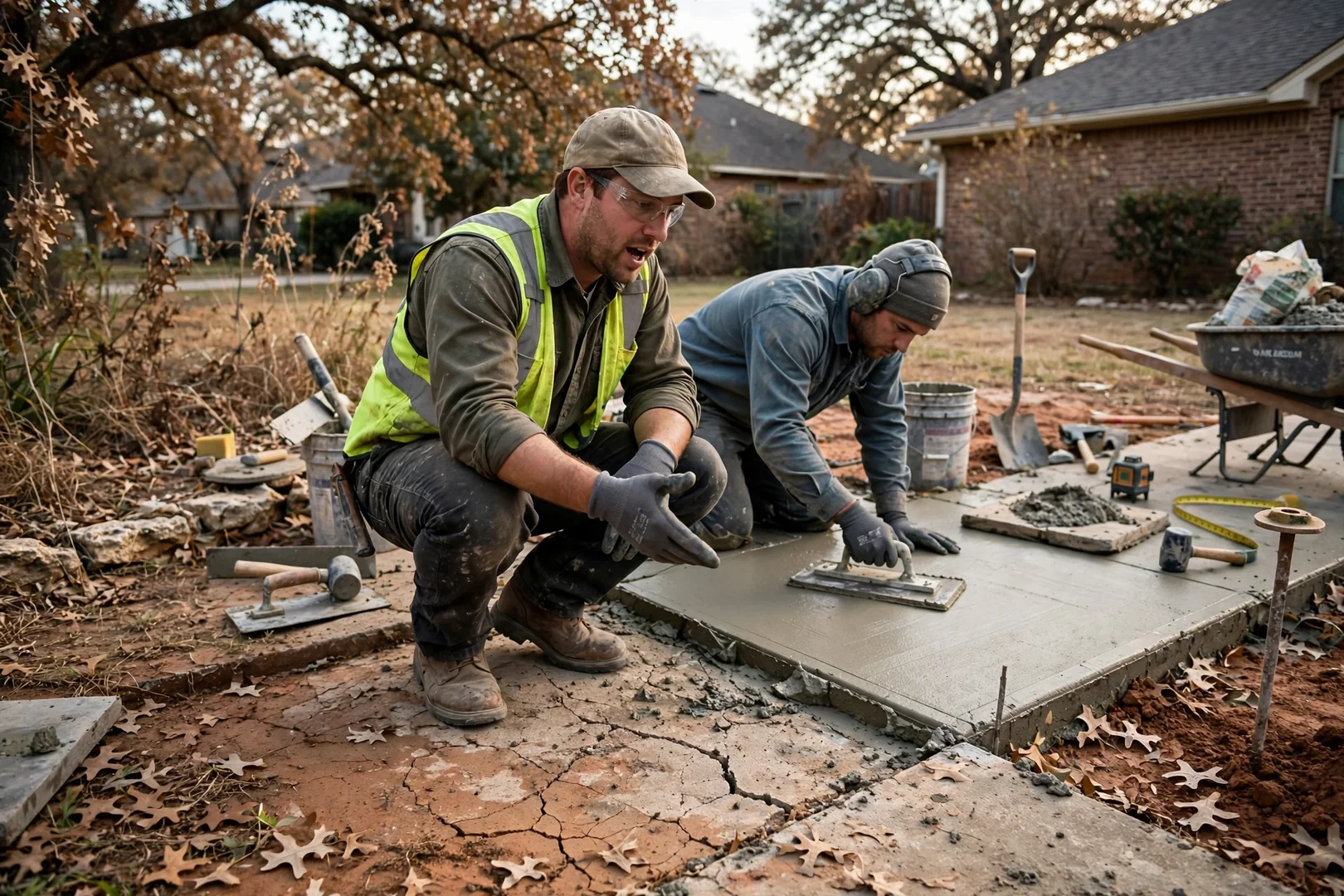 Crew screeding wet concrete across a reinforced slab form on a Corinth residential job site
