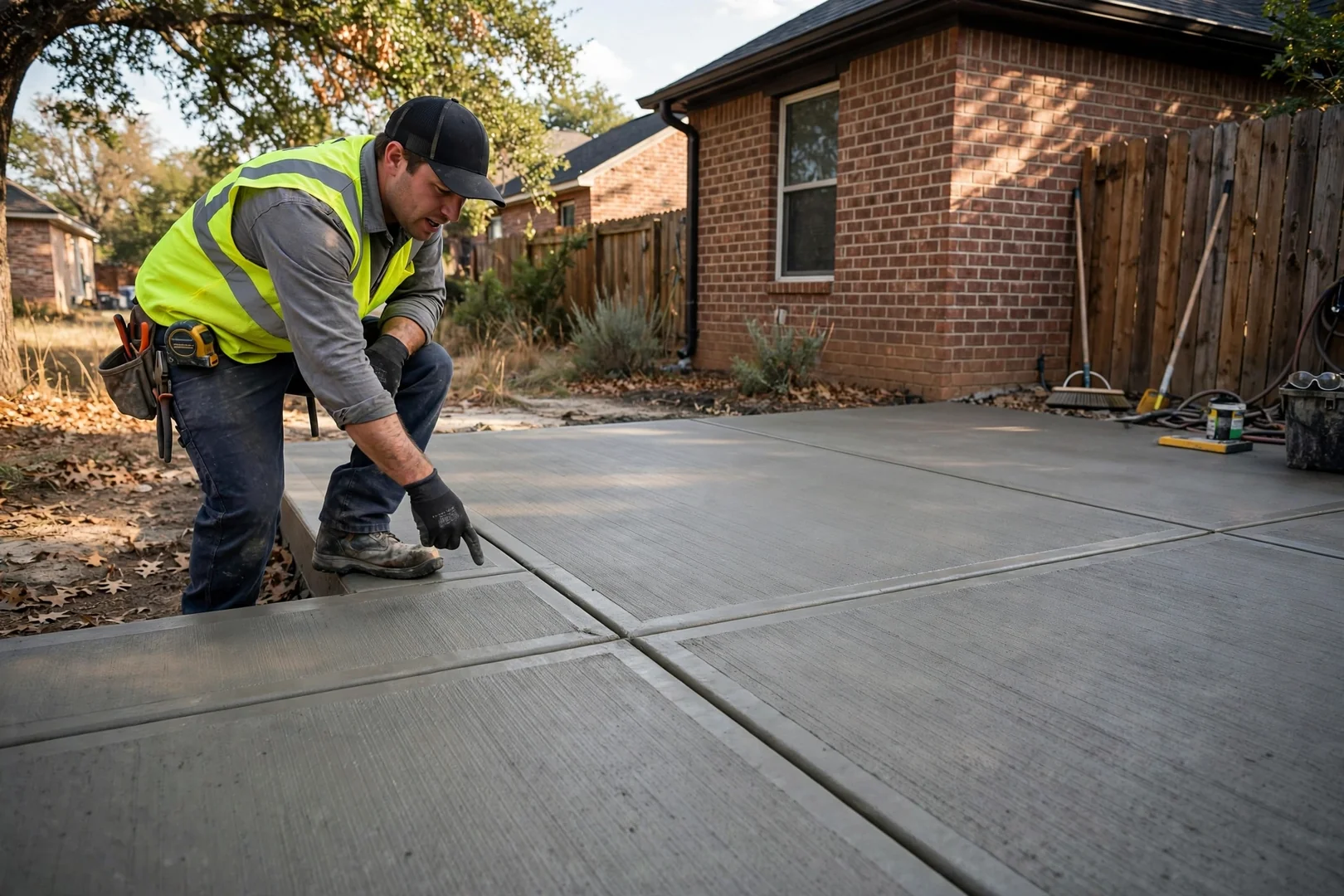 Finished broom-textured concrete slab behind a brick home with clean control joints