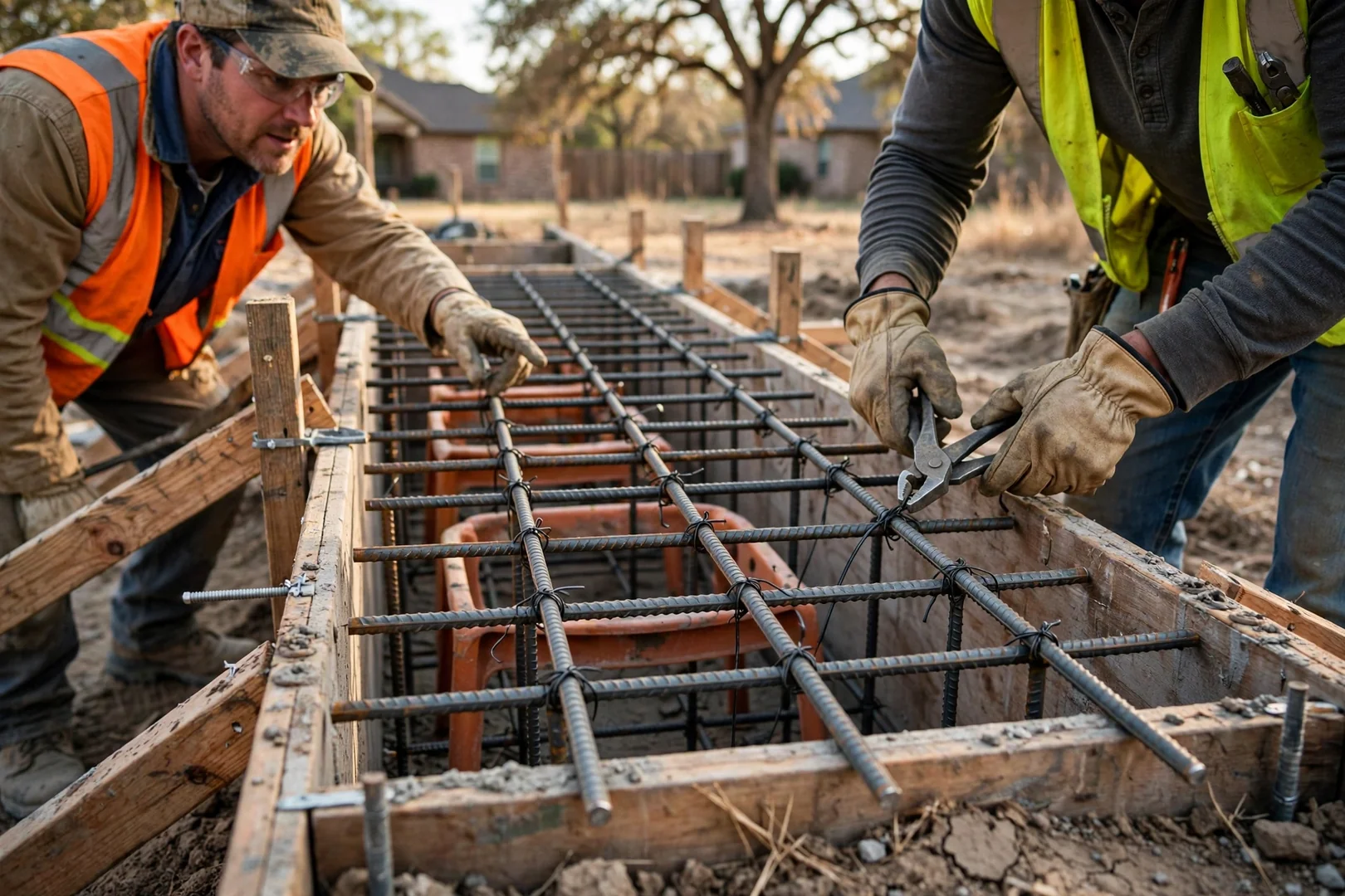 Close-up of rebar grid tied on chairs inside braced forms before pouring