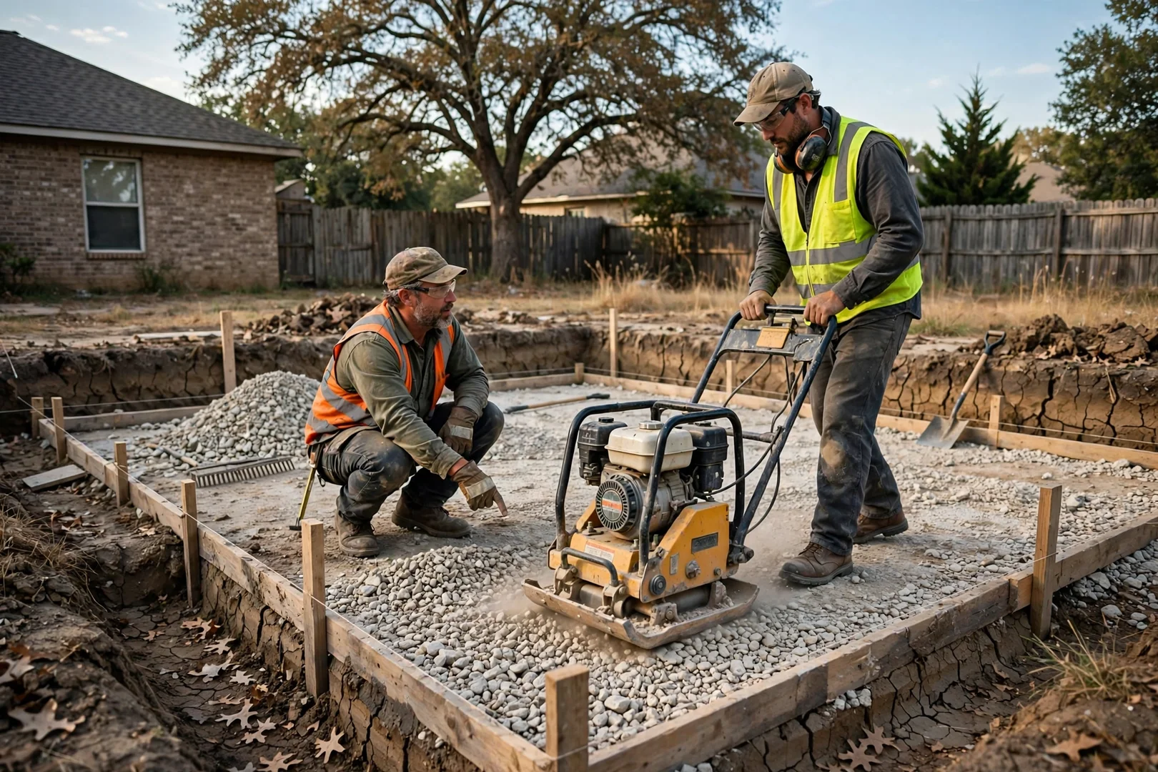Plate compactor working crushed base material in a staked slab excavation