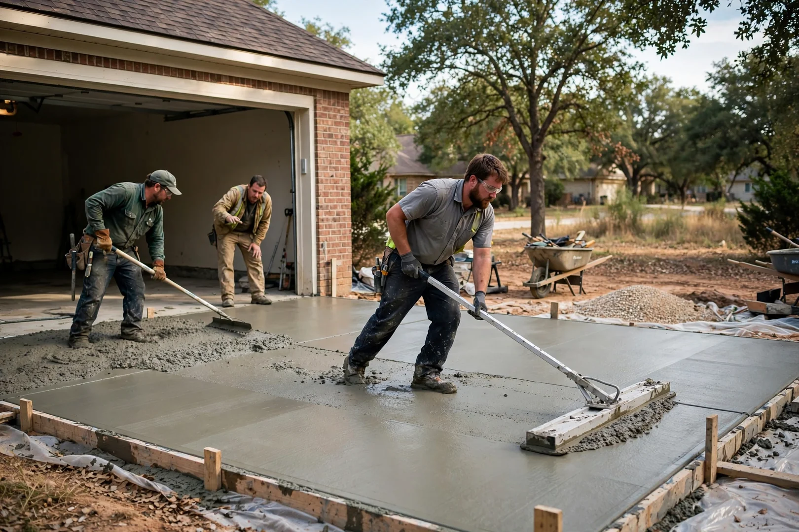 Crew bull floating fresh concrete across a wide residential garage slab pour