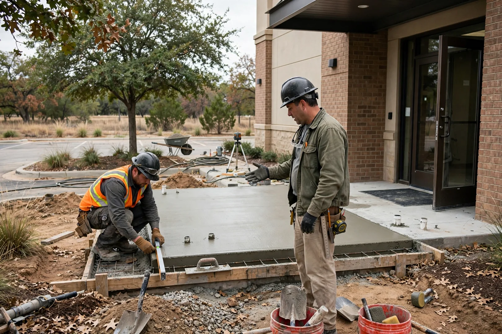 Wide view of a new equipment pad slab beside a commercial building entrance