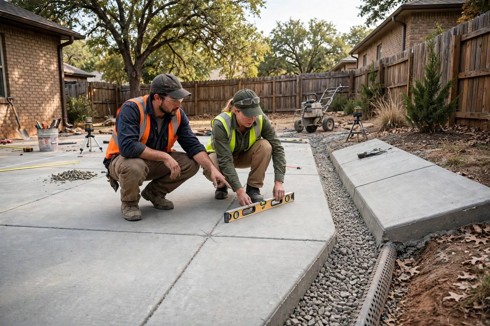 Saw-cut control joints and graded drainage slope on a completed backyard slab