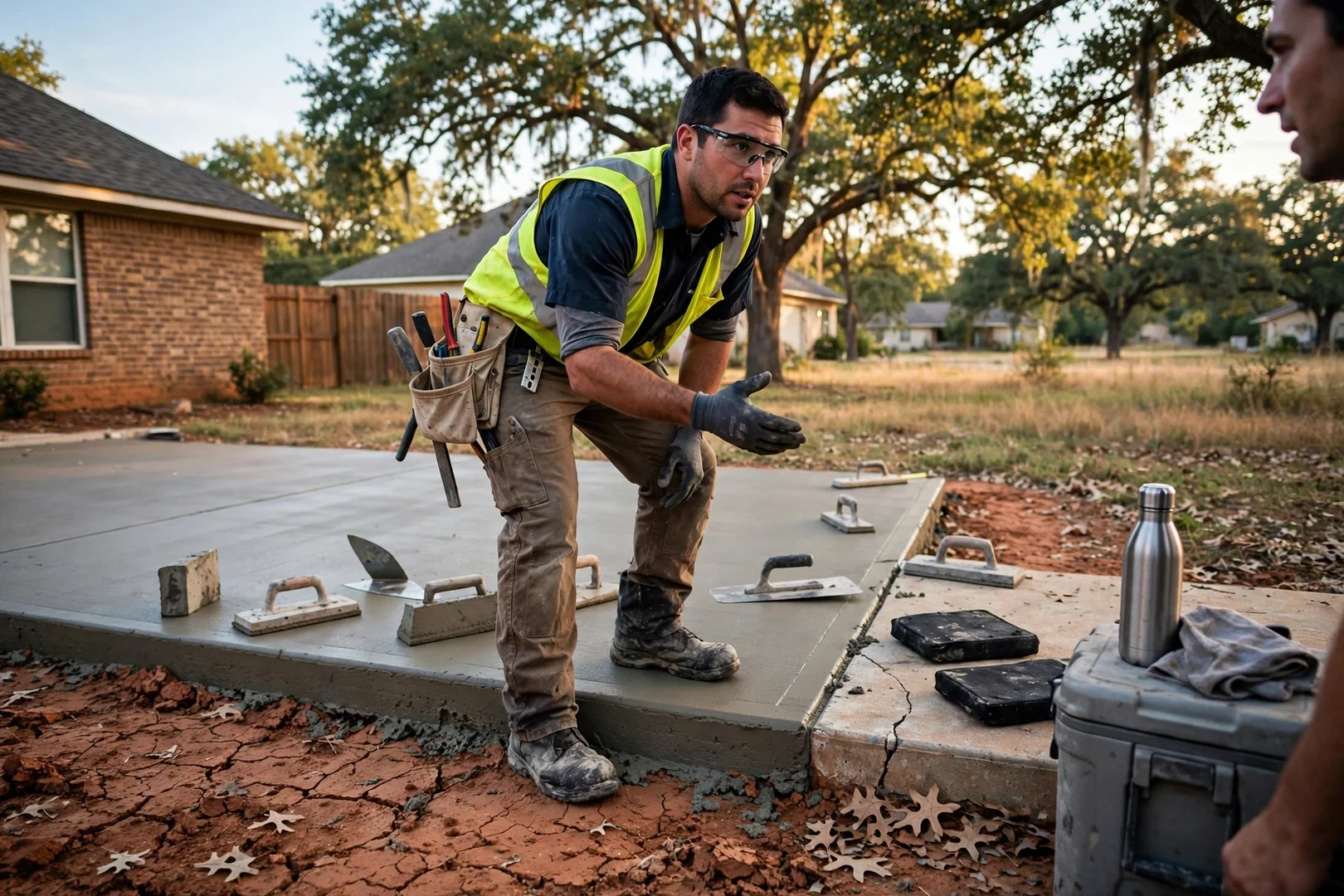 Technician measuring a garage slab before epoxy coating in Corinth