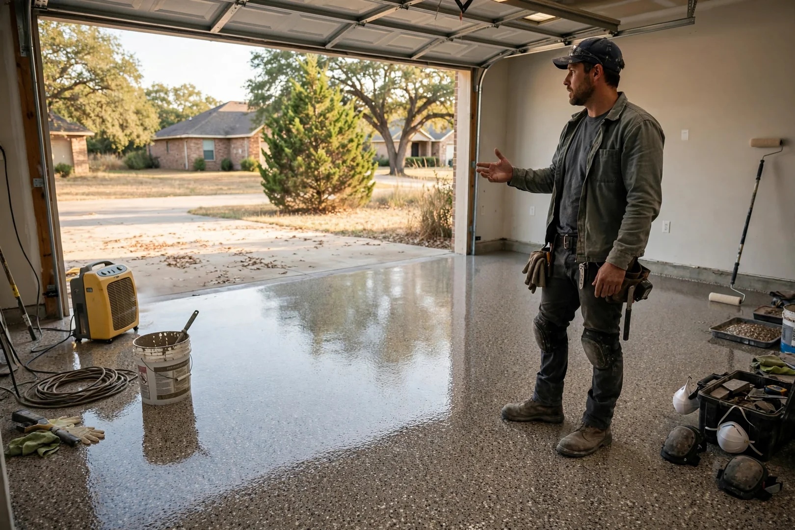 Finished flake epoxy garage floor with glossy polyaspartic topcoat in a two-car garage